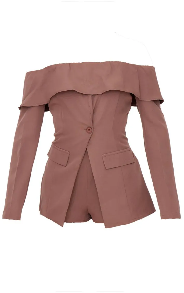 Chocolate Tailored Off The Shoulder Long Sleeve Romper