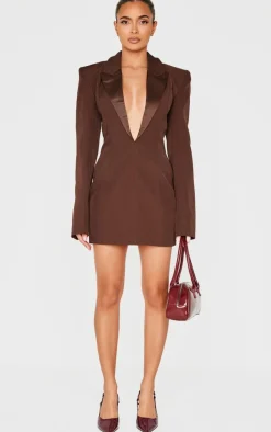 Chocolate Tailored Satin Lapel Blazer Dress-PrettyLittleThing Sale