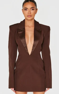 Chocolate Tailored Satin Lapel Blazer Dress-PrettyLittleThing Sale