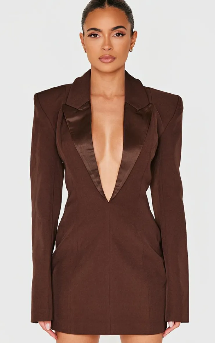 Chocolate Tailored Satin Lapel Blazer Dress-PrettyLittleThing Sale