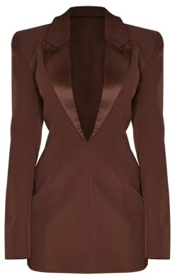 Chocolate Tailored Satin Lapel Blazer Dress-PrettyLittleThing Sale
