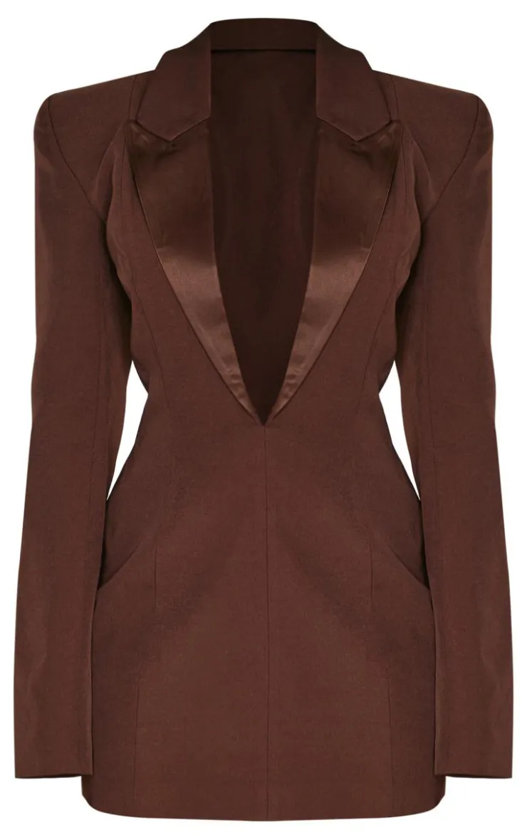 Chocolate Tailored Satin Lapel Blazer Dress-PrettyLittleThing Sale