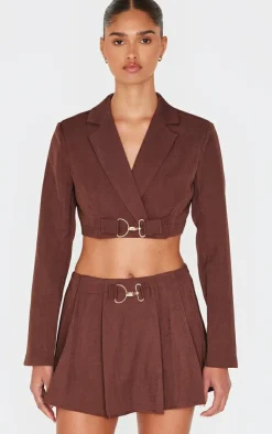 Clearance PrettyLittleThing Tailored Woven Buckle Detail Cropped Blazer Chocolate