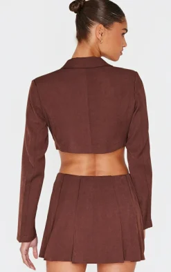 Clearance PrettyLittleThing Tailored Woven Buckle Detail Cropped Blazer Chocolate