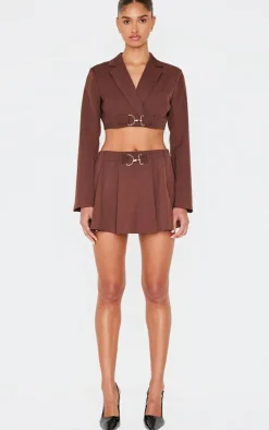 Clearance PrettyLittleThing Tailored Woven Buckle Detail Cropped Blazer Chocolate