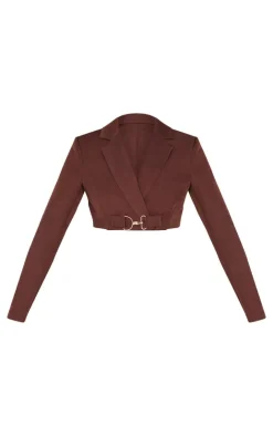 Clearance PrettyLittleThing Tailored Woven Buckle Detail Cropped Blazer Chocolate