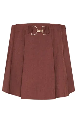 New PrettyLittleThing Chocolate Tailored Woven Buckle Detail Pleated Micro Mini Skirt Chocolate.