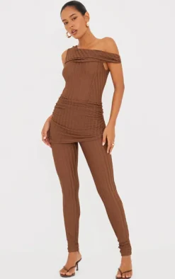 Chocolate Textured Asymmetric Corset Detail Jumpsuit-PrettyLittleThing Online