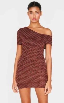 Chocolate Textured Asymmetric One Shoulder Bodycon Dress-PrettyLittleThing