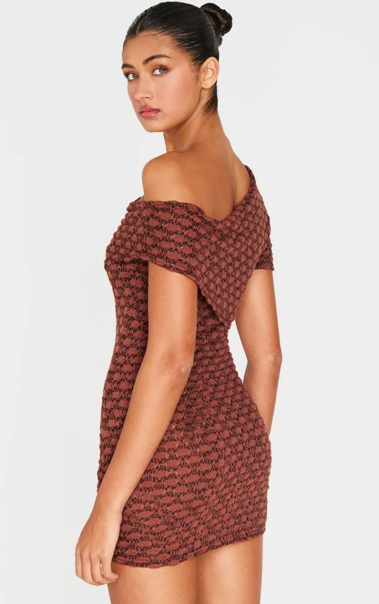 Chocolate Textured Asymmetric One Shoulder Bodycon Dress-PrettyLittleThing