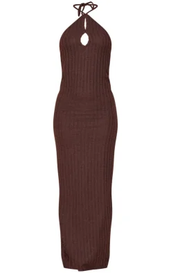 Chocolate Textured Cut Out Halterneck Maxi Dress-PrettyLittleThing