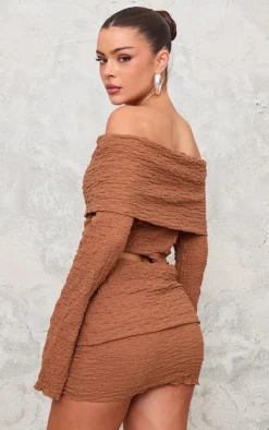 Best PrettyLittleThing Chocolate Textured Fold Over Long Sleeve Top Chocolate.