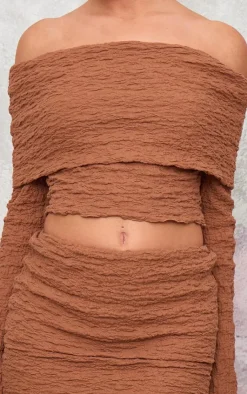Best PrettyLittleThing Chocolate Textured Fold Over Long Sleeve Top Chocolate.