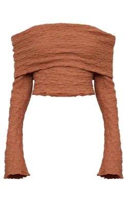 Best PrettyLittleThing Chocolate Textured Fold Over Long Sleeve Top Chocolate.