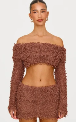 PrettyLittleThing Textured Fold Over Bardot Long Sleeve Crop Top Chocolate