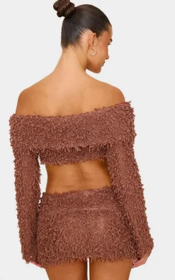 PrettyLittleThing Textured Fold Over Bardot Long Sleeve Crop Top Chocolate