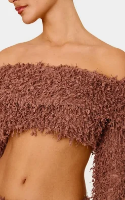 PrettyLittleThing Textured Fold Over Bardot Long Sleeve Crop Top Chocolate