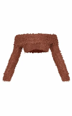 PrettyLittleThing Textured Fold Over Bardot Long Sleeve Crop Top Chocolate