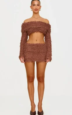Outlet PrettyLittleThing Textured Fold Over Micro Mini Skirt Chocolate