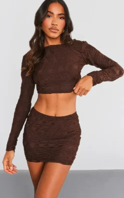 New PrettyLittleThing Textured Jersey Long Sleeve Backless Top Chocolate