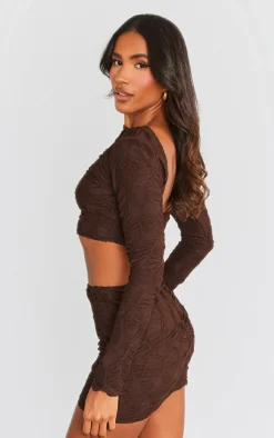 New PrettyLittleThing Textured Jersey Long Sleeve Backless Top Chocolate