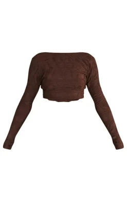 New PrettyLittleThing Textured Jersey Long Sleeve Backless Top Chocolate
