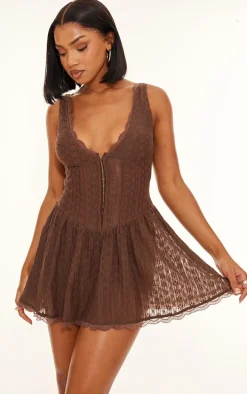 Chocolate Textured Lace Corset Detail Floaty Romper