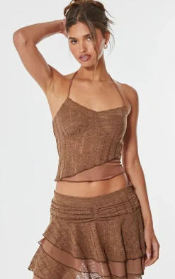 Outlet PrettyLittleThing Chocolate Textured Lace Halterneck Long Top Chocolate.
