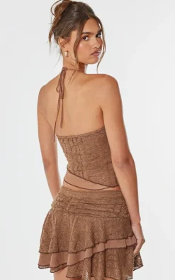 Outlet PrettyLittleThing Chocolate Textured Lace Halterneck Long Top Chocolate.