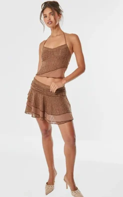 Outlet PrettyLittleThing Chocolate Textured Lace Halterneck Long Top Chocolate.