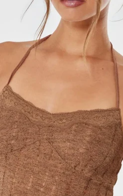 Outlet PrettyLittleThing Chocolate Textured Lace Halterneck Long Top Chocolate.
