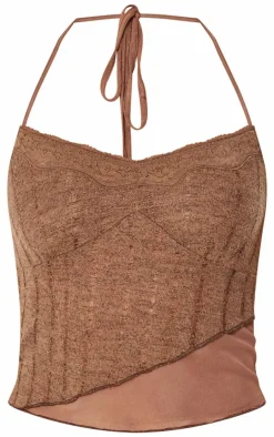 Outlet PrettyLittleThing Chocolate Textured Lace Halterneck Long Top Chocolate.
