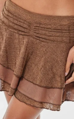 Clearance PrettyLittleThing Chocolate Textured Lace Ruched Detailing Mini Skirt Chocolate.