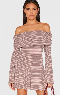 Textured Monochrome Bardot Flared Sleeve Shift Dress-PrettyLittleThing New