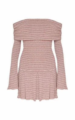 Textured Monochrome Bardot Flared Sleeve Shift Dress-PrettyLittleThing New