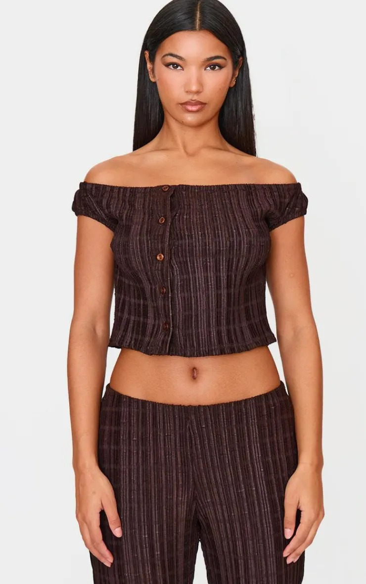 Sale PrettyLittleThing Textured Off The Shoulder Button Long Top Chocolate