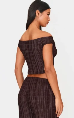 Sale PrettyLittleThing Textured Off The Shoulder Button Long Top Chocolate