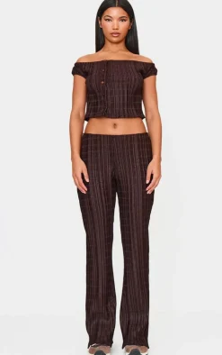 Sale PrettyLittleThing Textured Off The Shoulder Button Long Top Chocolate