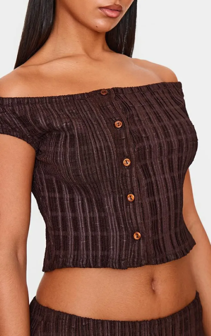 Sale PrettyLittleThing Textured Off The Shoulder Button Long Top Chocolate