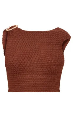 Discount PrettyLittleThing Textured Trim Detail Off The Shoulder Crop Top Chocolate