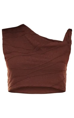 New PrettyLittleThing Textured Twist Detail Off The Shoulder Top Chocolate