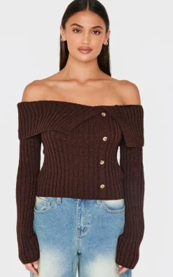 PrettyLittleThing Knitted Tops*Thick Rib Bardot Foldover Button Up Top