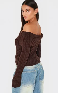 PrettyLittleThing Knitted Tops*Thick Rib Bardot Foldover Button Up Top