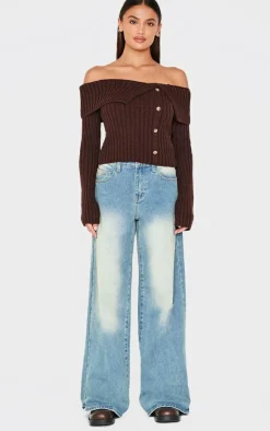 PrettyLittleThing Knitted Tops*Thick Rib Bardot Foldover Button Up Top