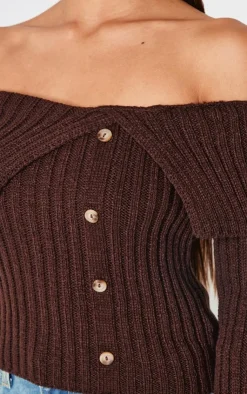 PrettyLittleThing Knitted Tops*Thick Rib Bardot Foldover Button Up Top