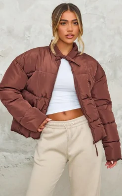 PrettyLittleThing Puffer Jackets*Chocolate Tied Bow Detail Puffer Jacket