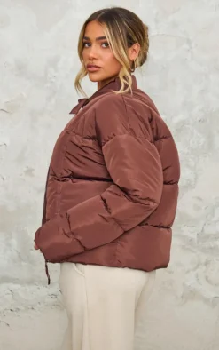 PrettyLittleThing Puffer Jackets*Chocolate Tied Bow Detail Puffer Jacket