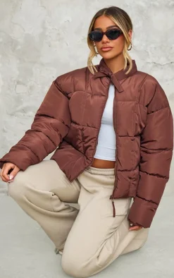 PrettyLittleThing Puffer Jackets*Chocolate Tied Bow Detail Puffer Jacket