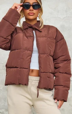 PrettyLittleThing Puffer Jackets*Chocolate Tied Bow Detail Puffer Jacket