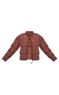 PrettyLittleThing Puffer Jackets*Chocolate Tied Bow Detail Puffer Jacket